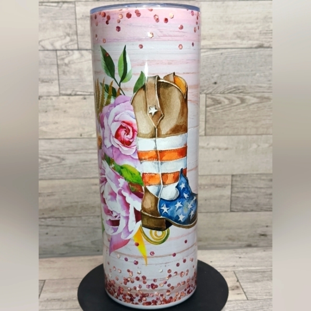 American Flag Floral Boots stainless steel tumbler handmade 20oz.